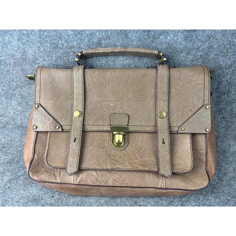 Oryany Satchel Bag Womens Medium Tan Leather Crinkled Flap Top Handle Handbag